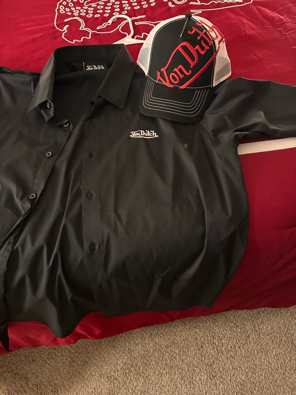 Von Dutch Black Button-Up Shirt with Black & Red Trucker Hat NWOT never worn